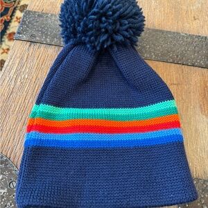 Vintage Smiley 100% wool Pom Pom retro beanie ski hat —EUC 80s/90s stripe unisex
